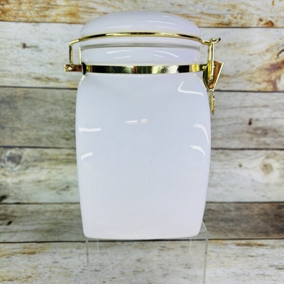 Vintage EUROPEAN COFFEEHOUSE White Gold Letters Ceramic Airtight 8.5"T Canister - Picture 5 of 16